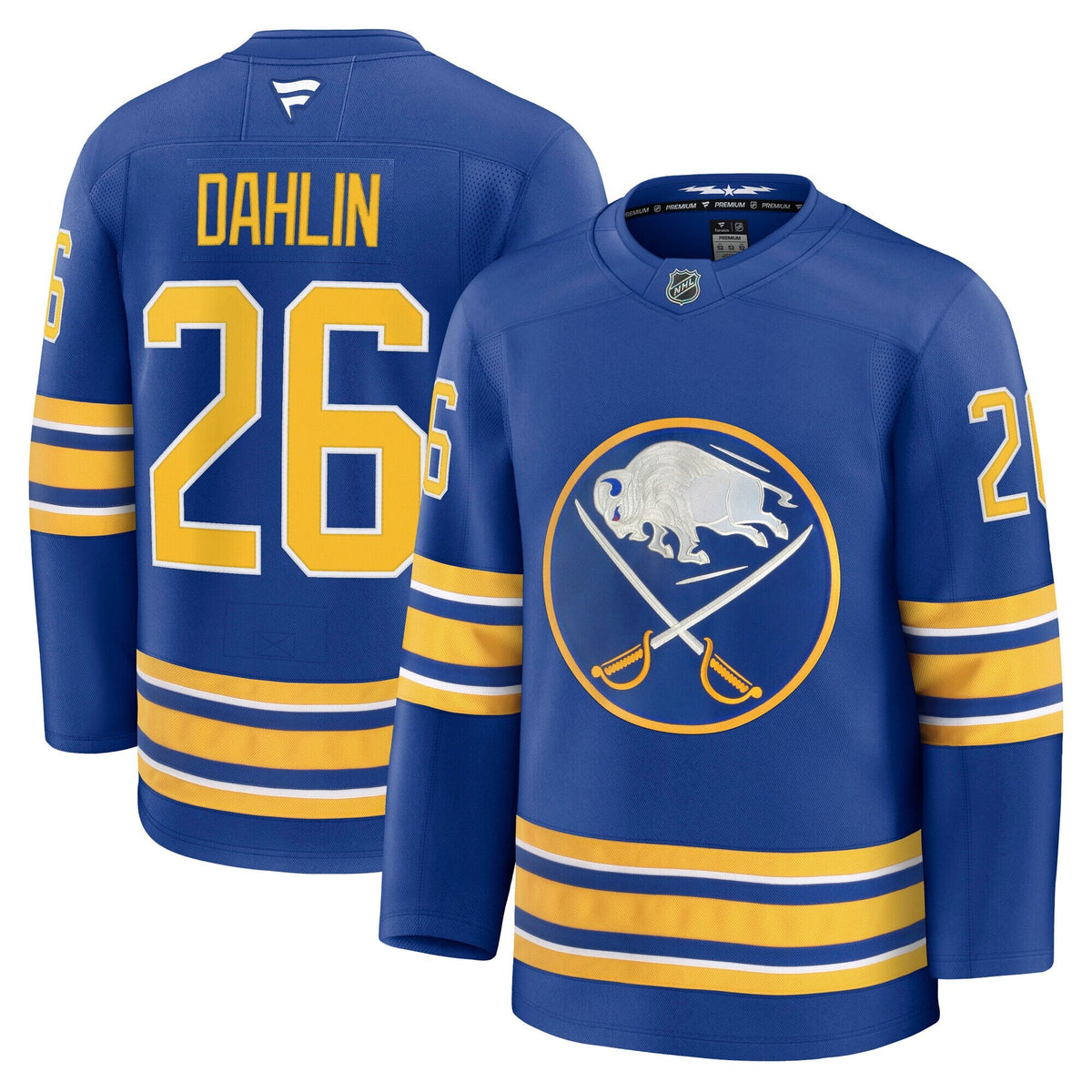 Buffalo Sabres Rasmus Dahlin Royal Home Premium Jersey product image 1, provided for visual reference and product detail