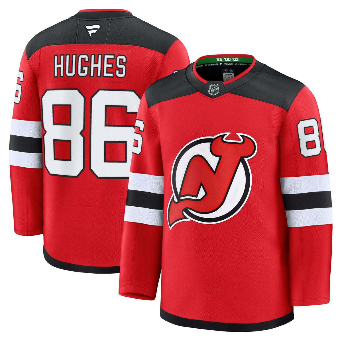 New Jersey Devils Jack Hughes Red Home Premium Jersey product image 2, provided for visual reference and product detail