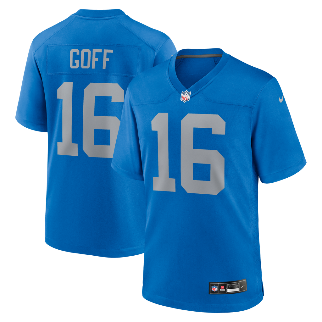 Detroit Lions Jared Goff Blue Alternate Game Jersey product image 1, provided for visual reference and product detail review
