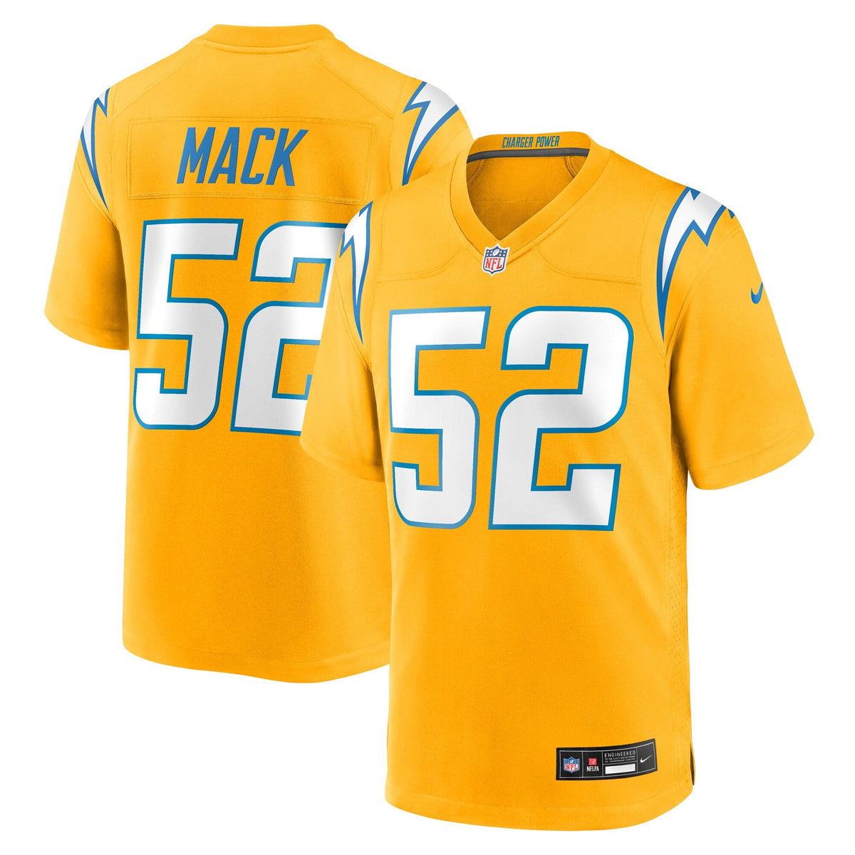 Los Angeles Chargers Khalil Mack Gold Alternate Charger Power Game Player Jersey product image 2, provided for visual