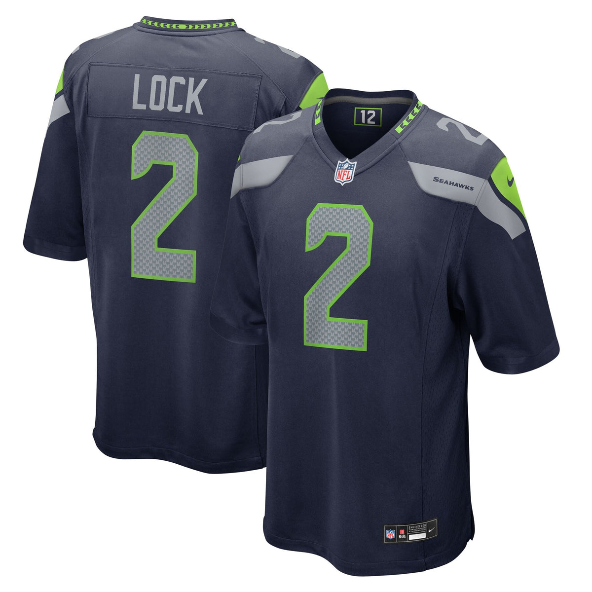 Seattle Seahawks Drew Lock College Navy Team Game Jersey product image 1, provided for visual reference and product detail