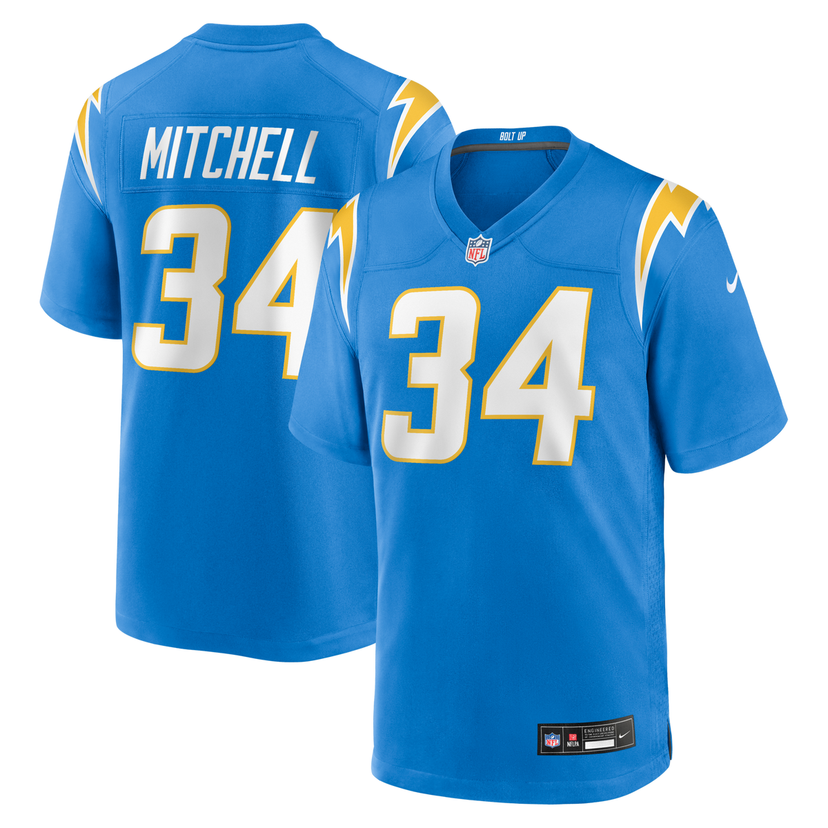 Los Angeles Chargers Keaton Mitchell Powder Blue Team Game Jersey product image 1, provided for visual reference and product