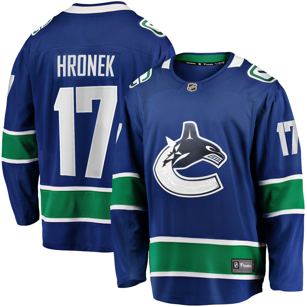 Vancouver Canucks Filip Hronek Blue Home Breakaway Jersey product image 1, provided for visual reference and product detail