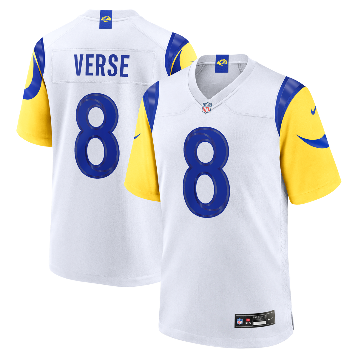 Los Angeles Rams Jared Verse White White Game Player Jersey product image 1, provided for visual reference and product