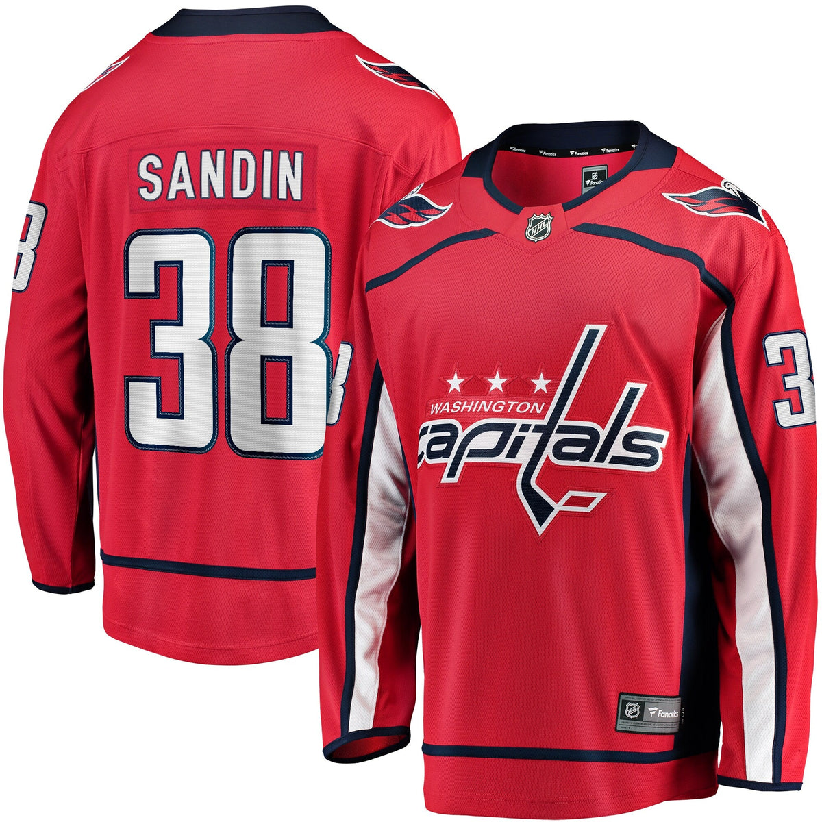 Washington Capitals Rasmus Sandin Red Home Breakaway Jersey product image 1, provided for visual reference and product