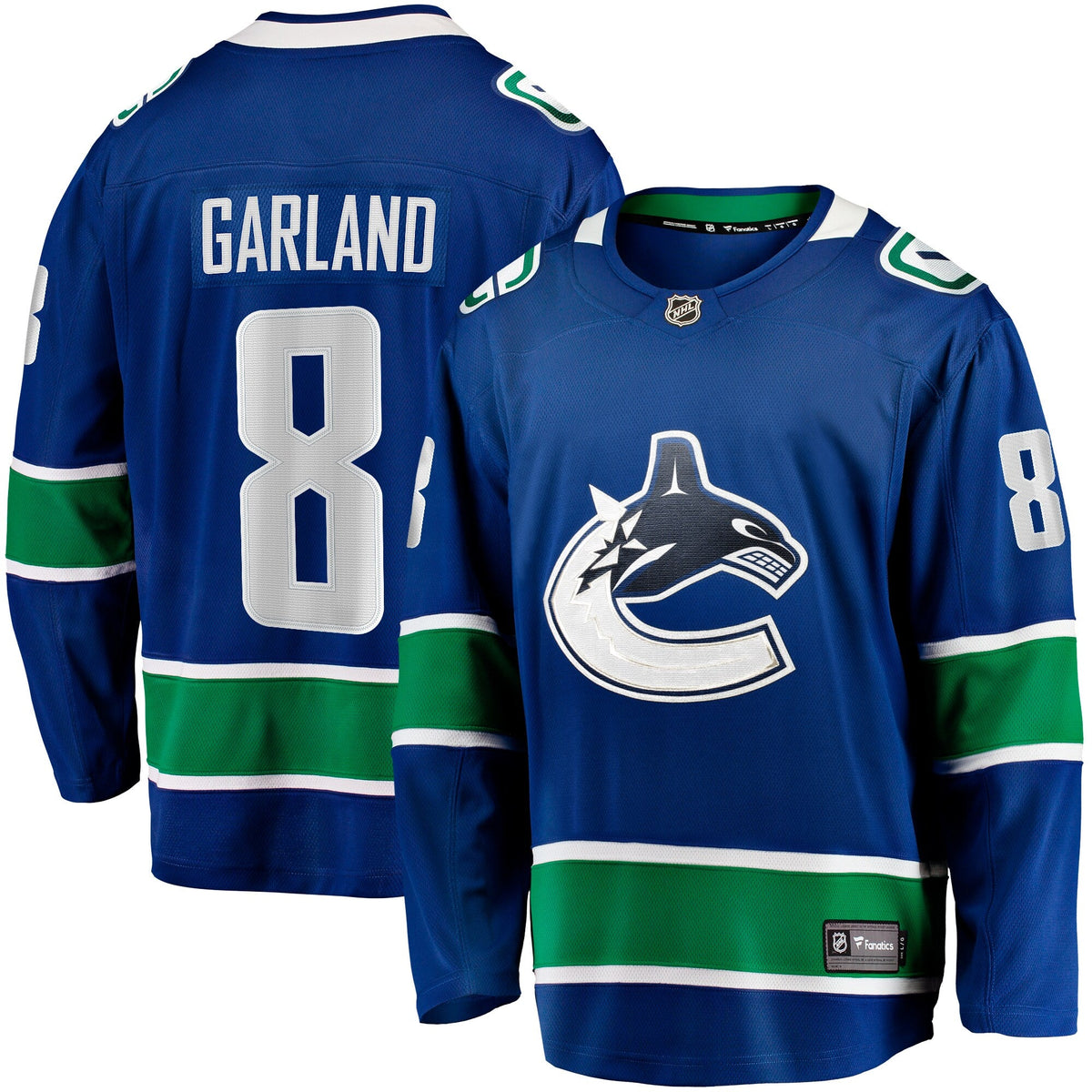 Vancouver Canucks Conor Garland Blue Home Breakaway Jersey product image 2, provided for visual reference and product detail