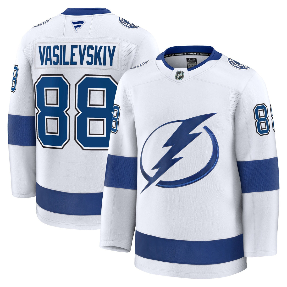 Tampa Bay Lightning Andrei Vasilevskiy White Away Premium Jersey product image 1, provided for visual reference and product