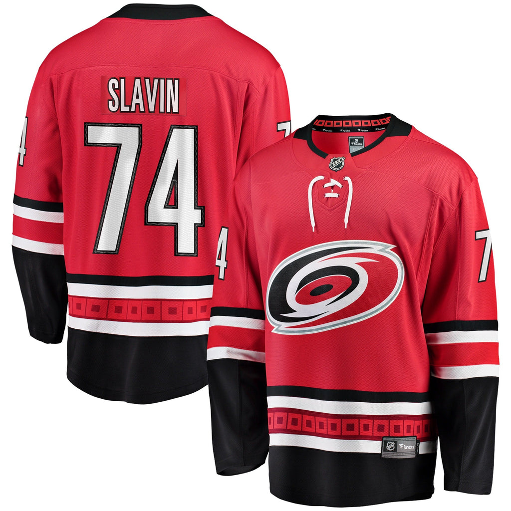 Carolina Hurricanes Jaccob Slavin Red Alternate Breakaway Player Jersey product image 1, provided for visual reference and