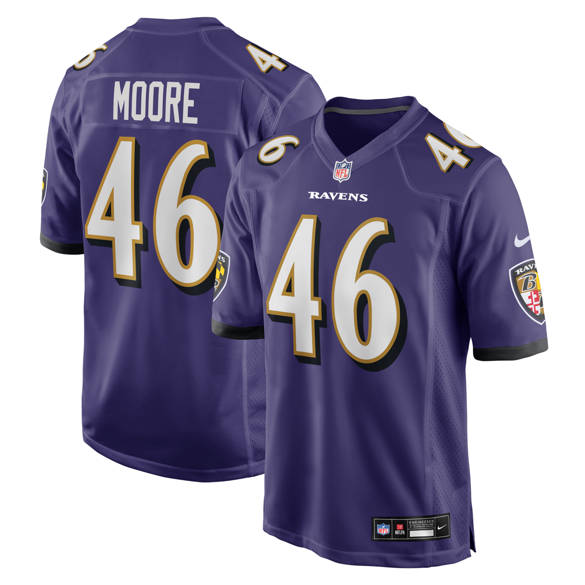 Baltimore Ravens Nick Moore Purple Game Jersey product image 1, provided for visual reference and product detail review