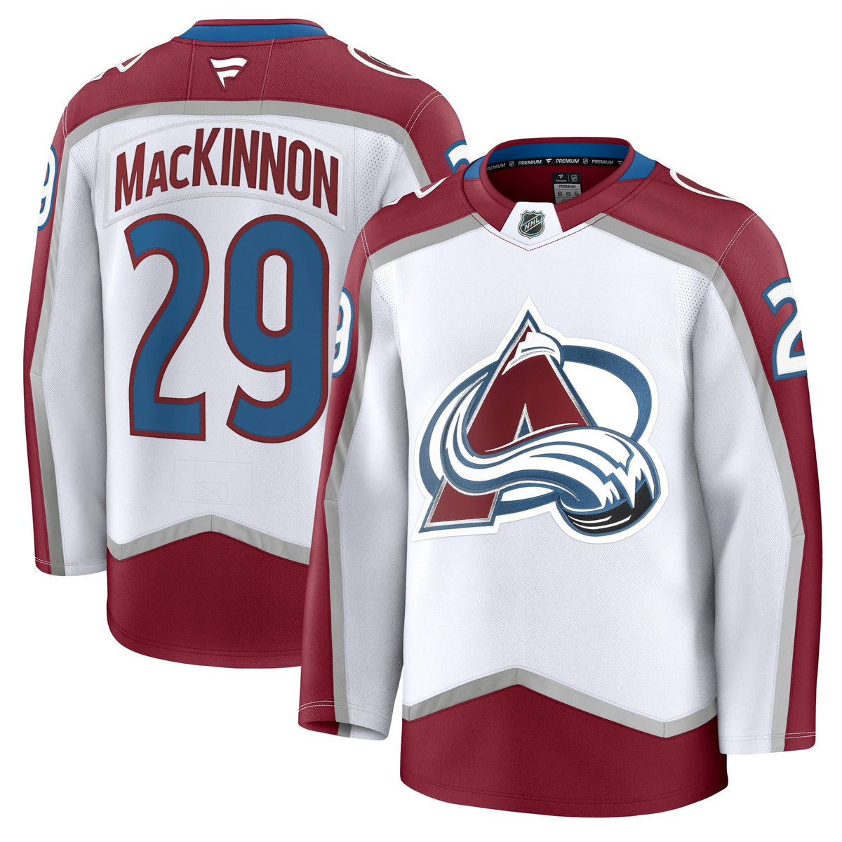 Colorado Avalanche Nathan MacKinnon White Away Premium Jersey product image 1, provided for visual reference and product