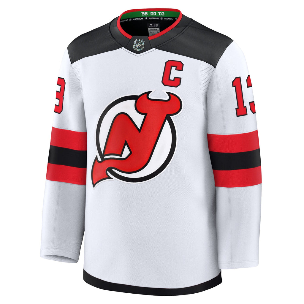 New Jersey Devils Nico Hischier White Away Premium Jersey product image 3, provided for visual reference and product detail