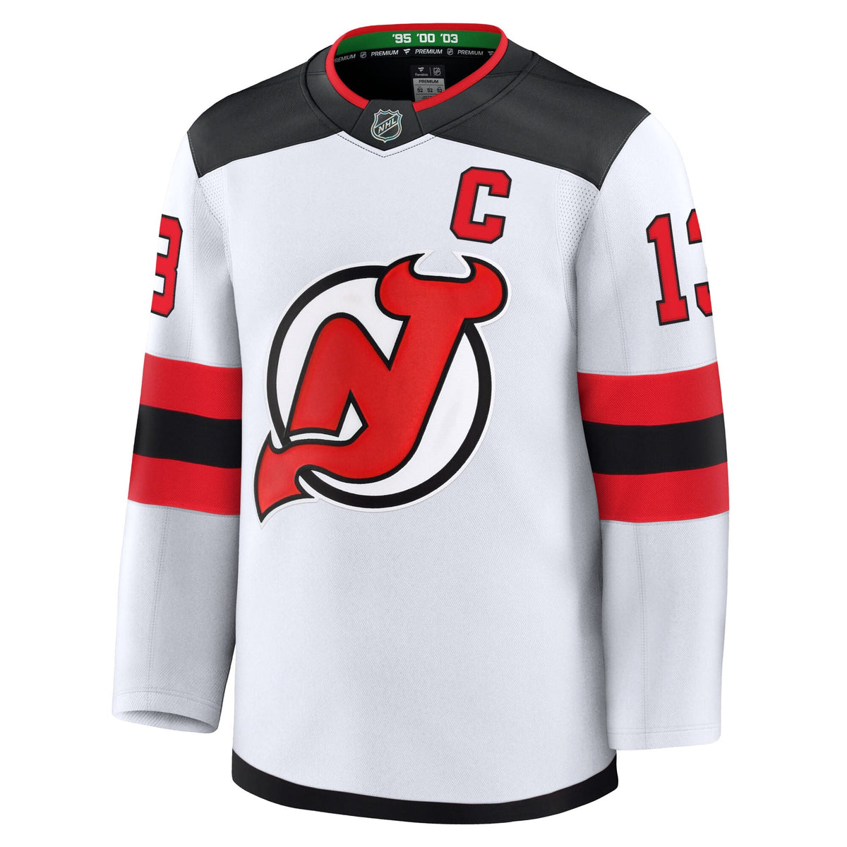 New Jersey Devils Nico Hischier White Away Premium Jersey product image 3, provided for visual reference and product detail
