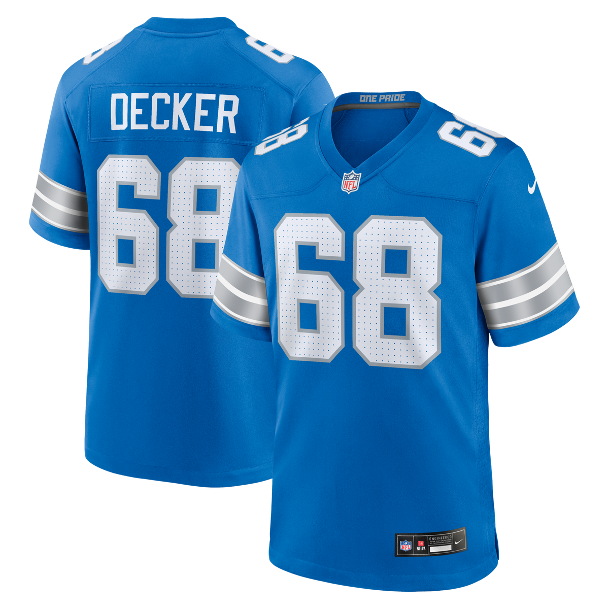Detroit Lions Taylor Decker Blue Team Game Jersey product image 1, provided for visual reference and product detail review