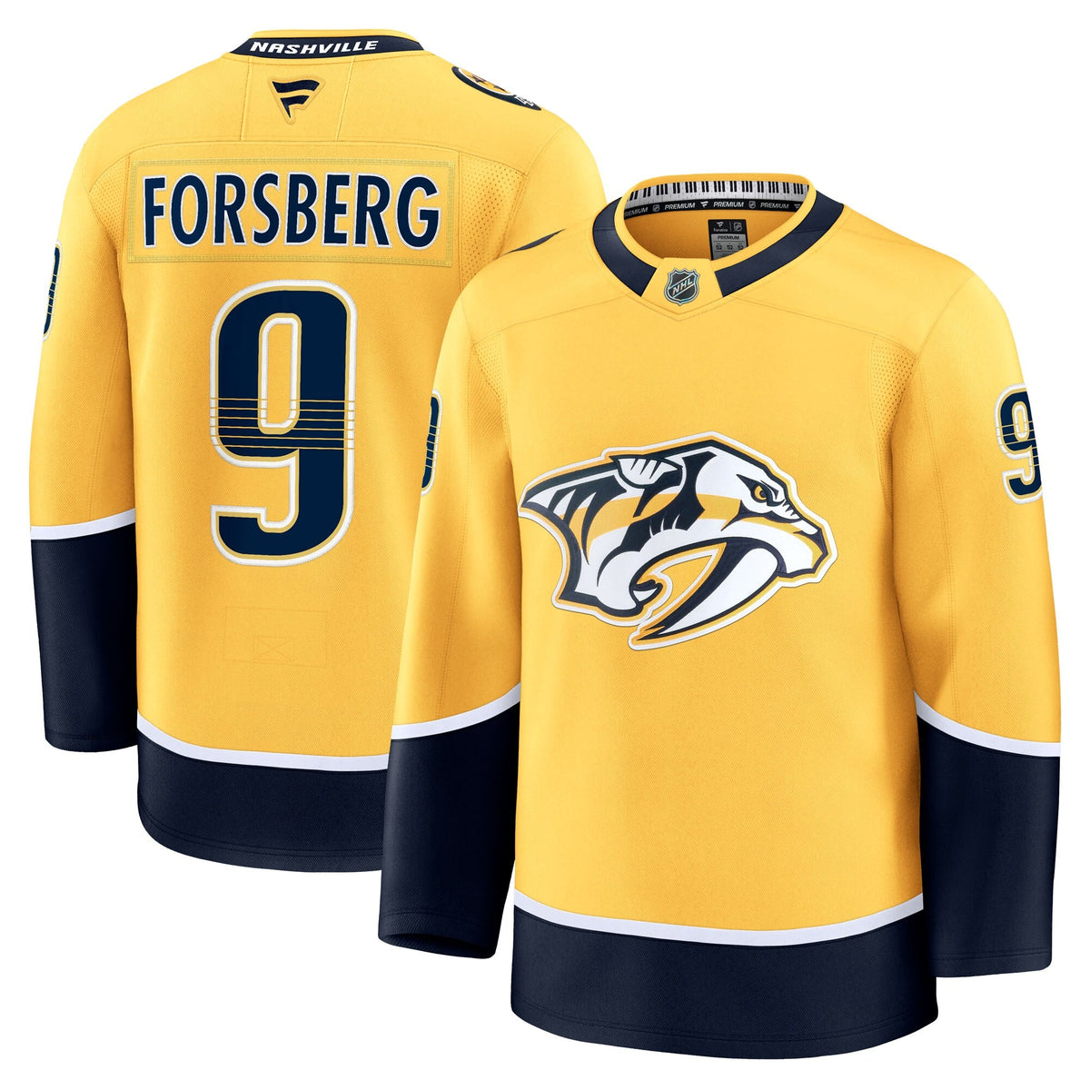 Nashville Predators Filip Forsberg Gold Home Premium Jersey product image 2, provided for visual reference and product