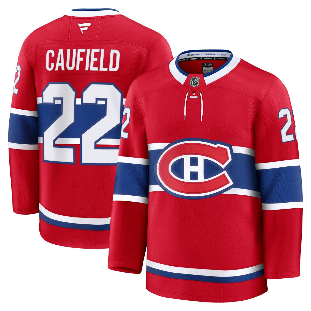 Montreal Canadiens Cole Caufield Red Home Premium Jersey product image 2, provided for visual reference and product detail