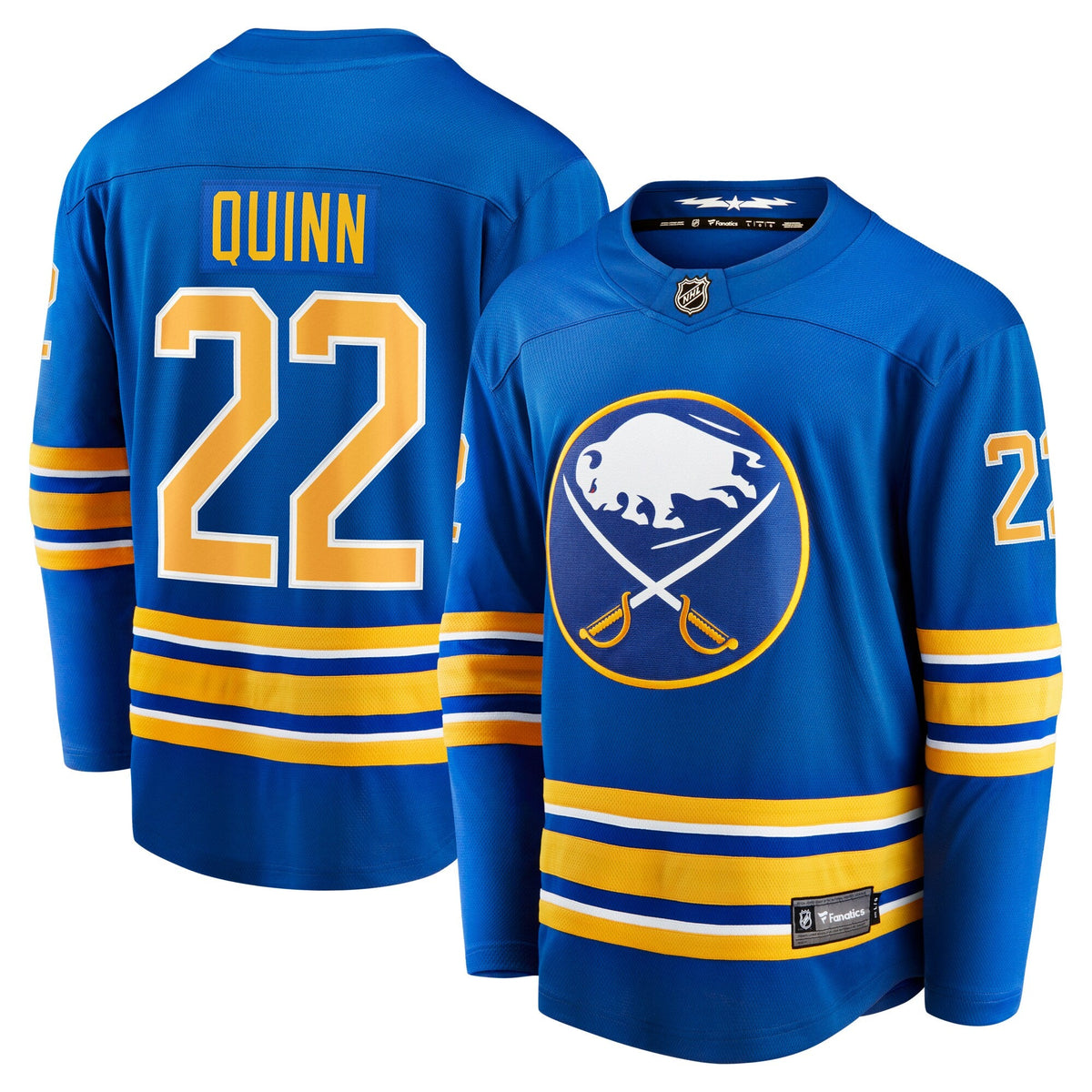 Buffalo Sabres Jack Quinn Royal Home Breakaway Jersey product image 1, provided for visual reference and product detail