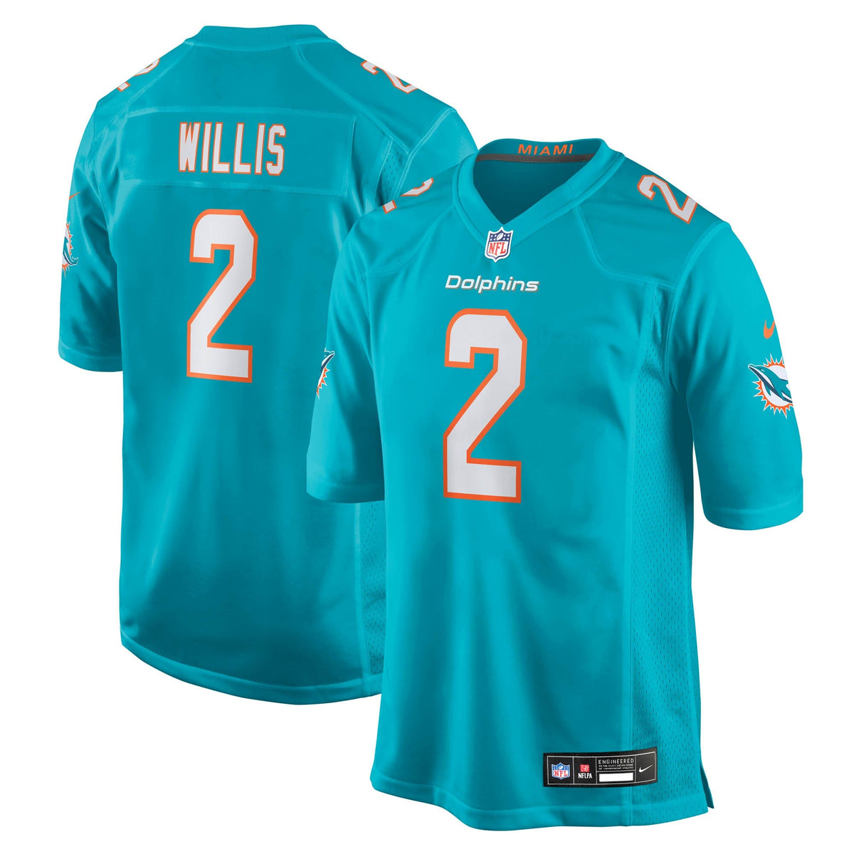 Miami Dolphins Malik Willis Aqua Game Jersey product image 2, provided for visual reference and product detail review