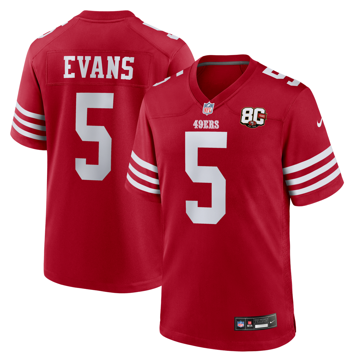 San Francisco 49ers Mike Evans Scarlet 80th Anniversary Game Jersey product image 2, provided for visual reference and