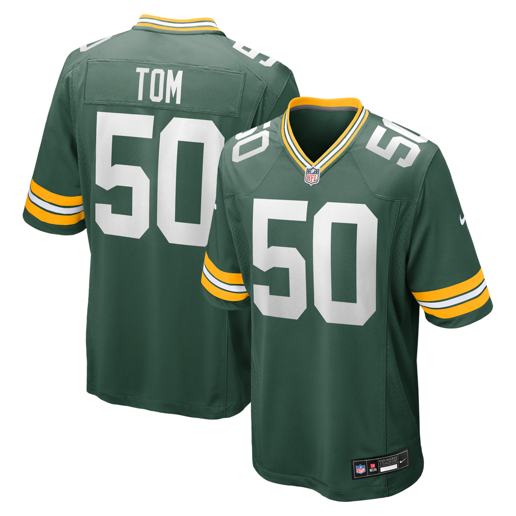 Green Bay Packers Zach Tom Green Game Player Jersey product image 1, provided for visual reference and product detail review