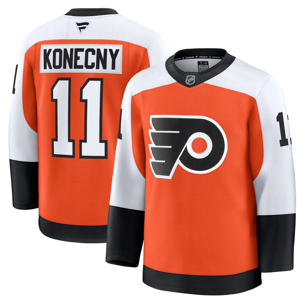 Philadelphia Flyers Travis Konecny Burnt Orange Home Premium Jersey product image 1, provided for visual reference and