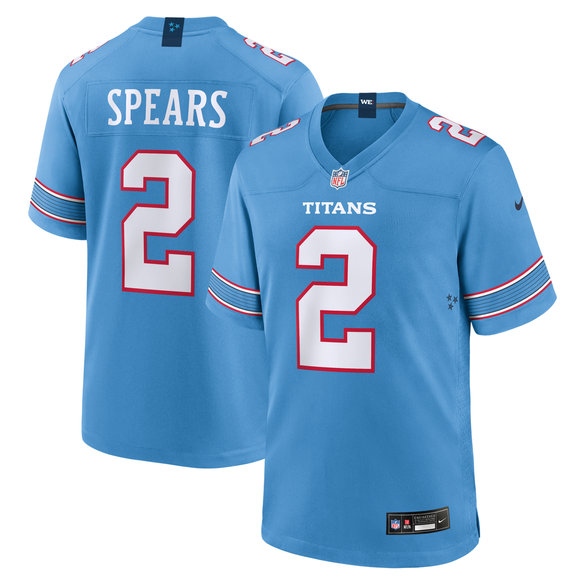 Tennessee Titans Tyjae Spears Light Blue Game Jersey product image 1, provided for visual reference and product detail review