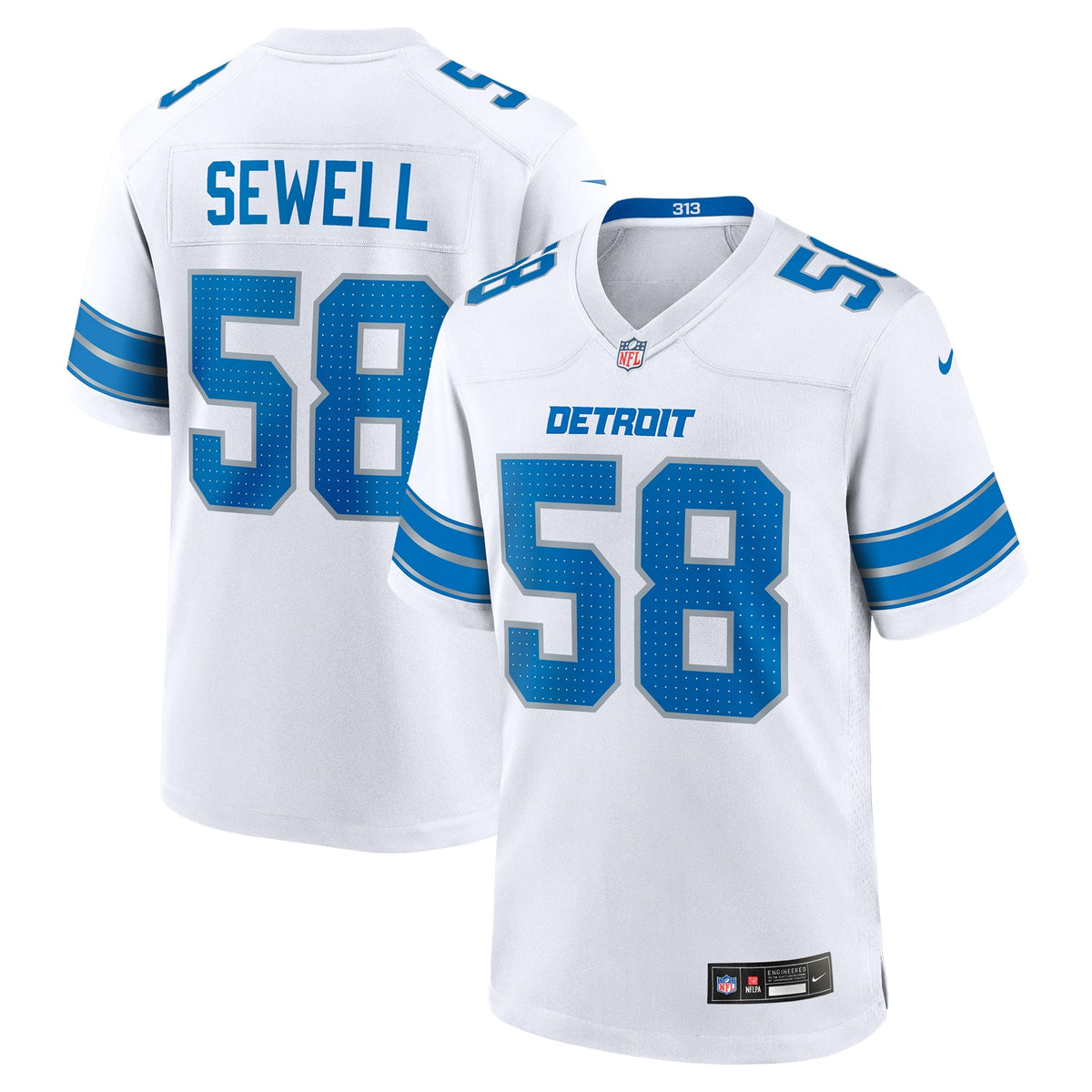 Detroit Lions Penei Sewell White Game Jersey product image 1, provided for visual reference and product detail review
