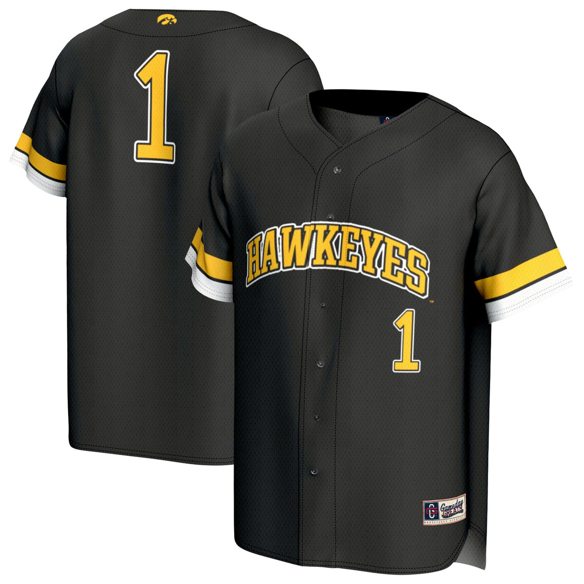 #1 Iowa Hawkeyes Adult Lightweight Collegiate Baseball Fashion Jersey - Black product image 1, provided for visual reference