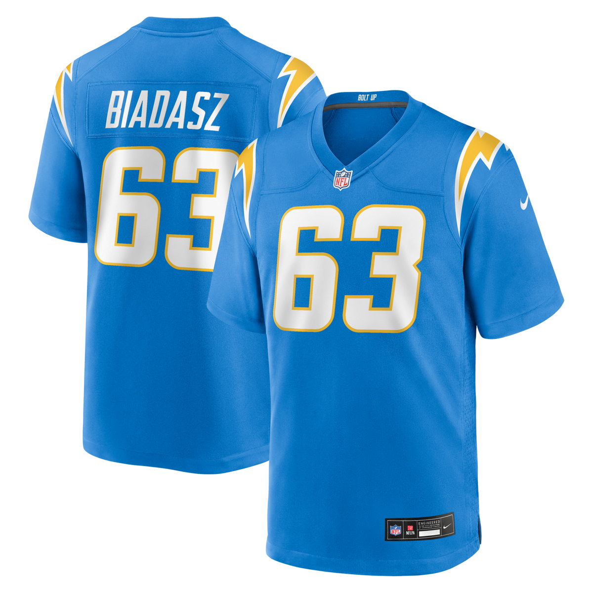 Los Angeles Chargers Tyler Biadasz Powder Blue Team Game Jersey product image 1, provided for visual reference and product