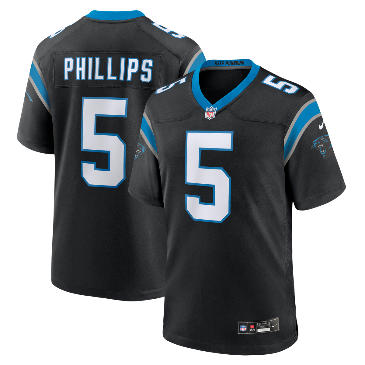 Carolina Panthers Jaelan Phillips Black Game Jersey product image 2, provided for visual reference and product detail review