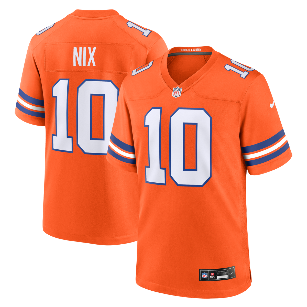 Denver Broncos Bo Nix Orange Mile High Collection 1977 Throwback Player Game Jersey product image 1, provided for visual