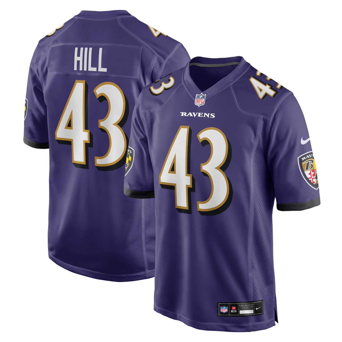 Baltimore Ravens Justice Hill Purple Game Jersey product image 1, provided for visual reference and product detail review