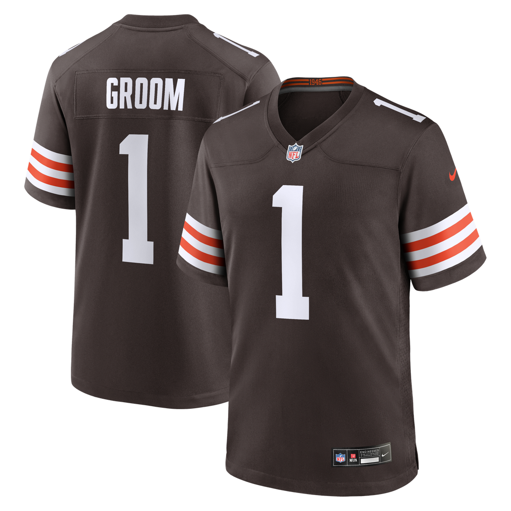 Cleveland Browns Number 1 Groom Brown Game Jersey product image 1, provided for visual reference and product detail review