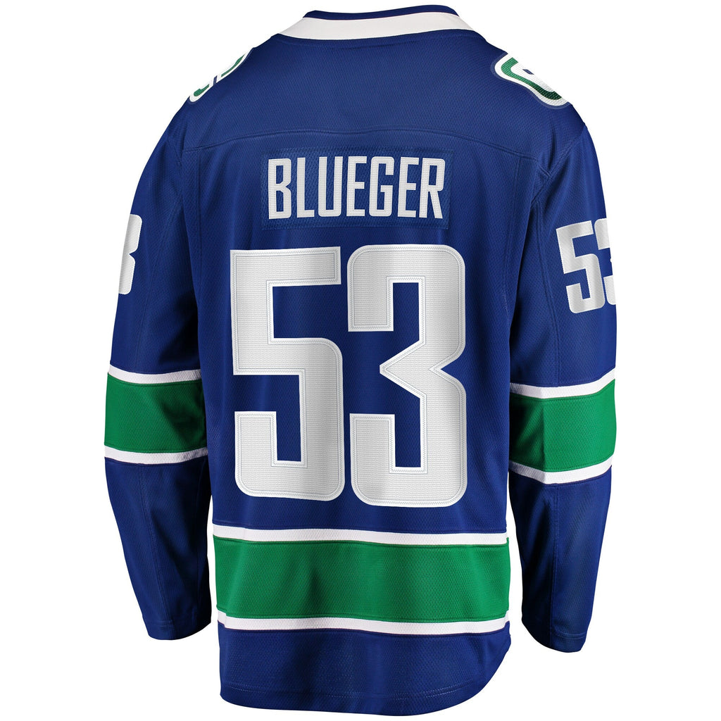 Vancouver Canucks Teddy Blueger Blue Home Breakaway Jersey product image 4, provided for visual reference and product detail
