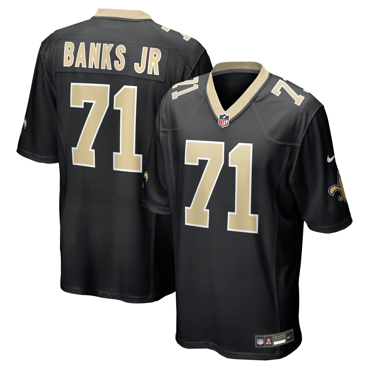 New Orleans Saints Kelvin Banks Jr. Black Game Player Jersey product image 1, provided for visual reference and product