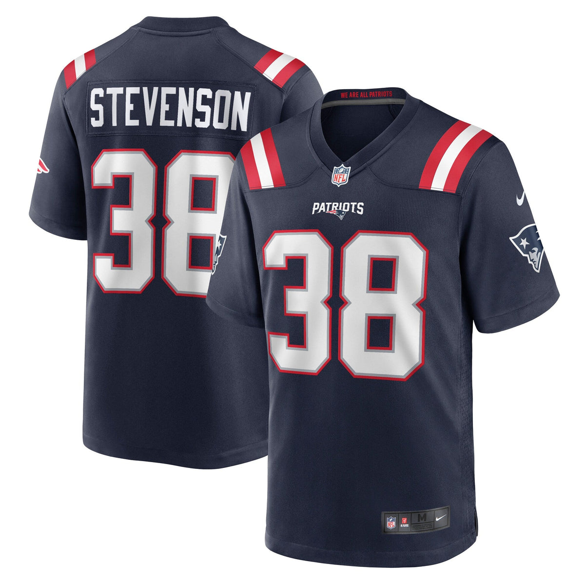 New England Patriots Rhamondre Stevenson Navy Game Jersey product image 1, provided for visual reference and product detail