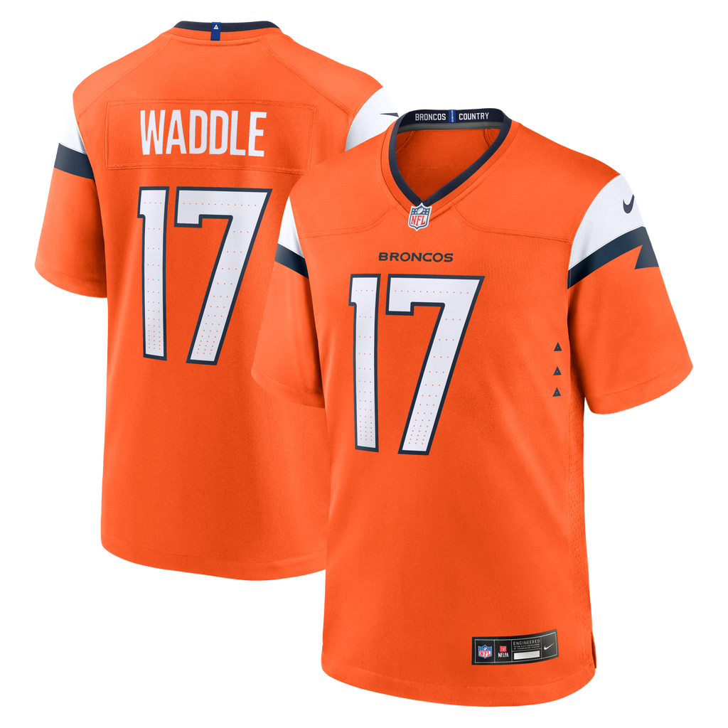 Denver Broncos Jaylen Waddle Orange Game Jersey product image 2, provided for visual reference and product detail review