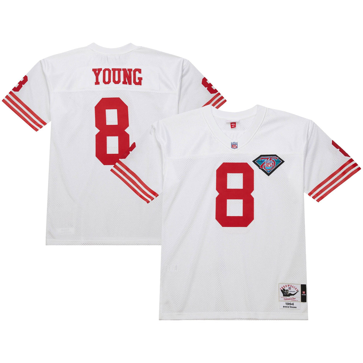 San Francisco 49ers 1994 Steve Young White Authentic Throwback Retired Player Jersey product image 1, provided for visual