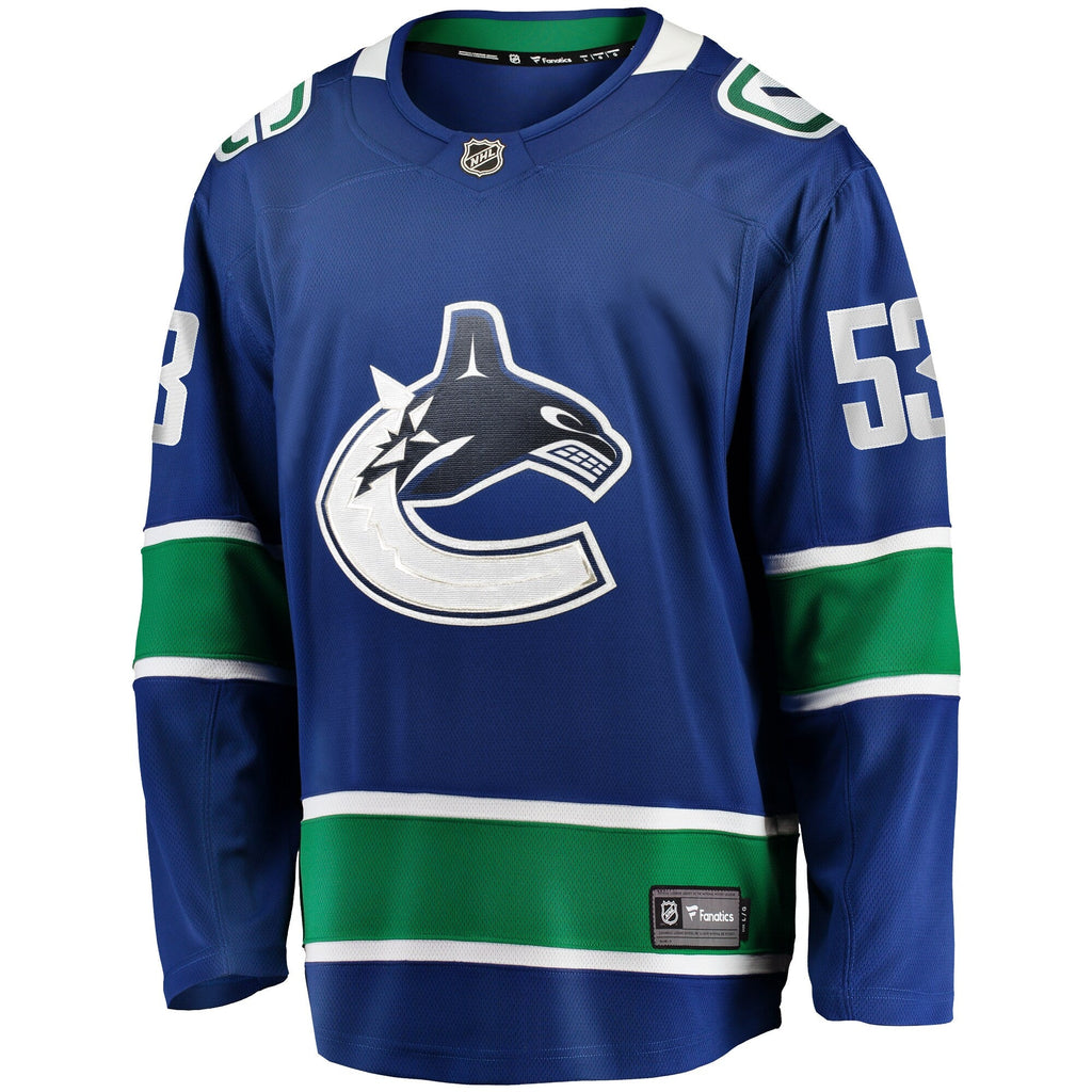 Vancouver Canucks Teddy Blueger Blue Home Breakaway Jersey product image 3, provided for visual reference and product detail