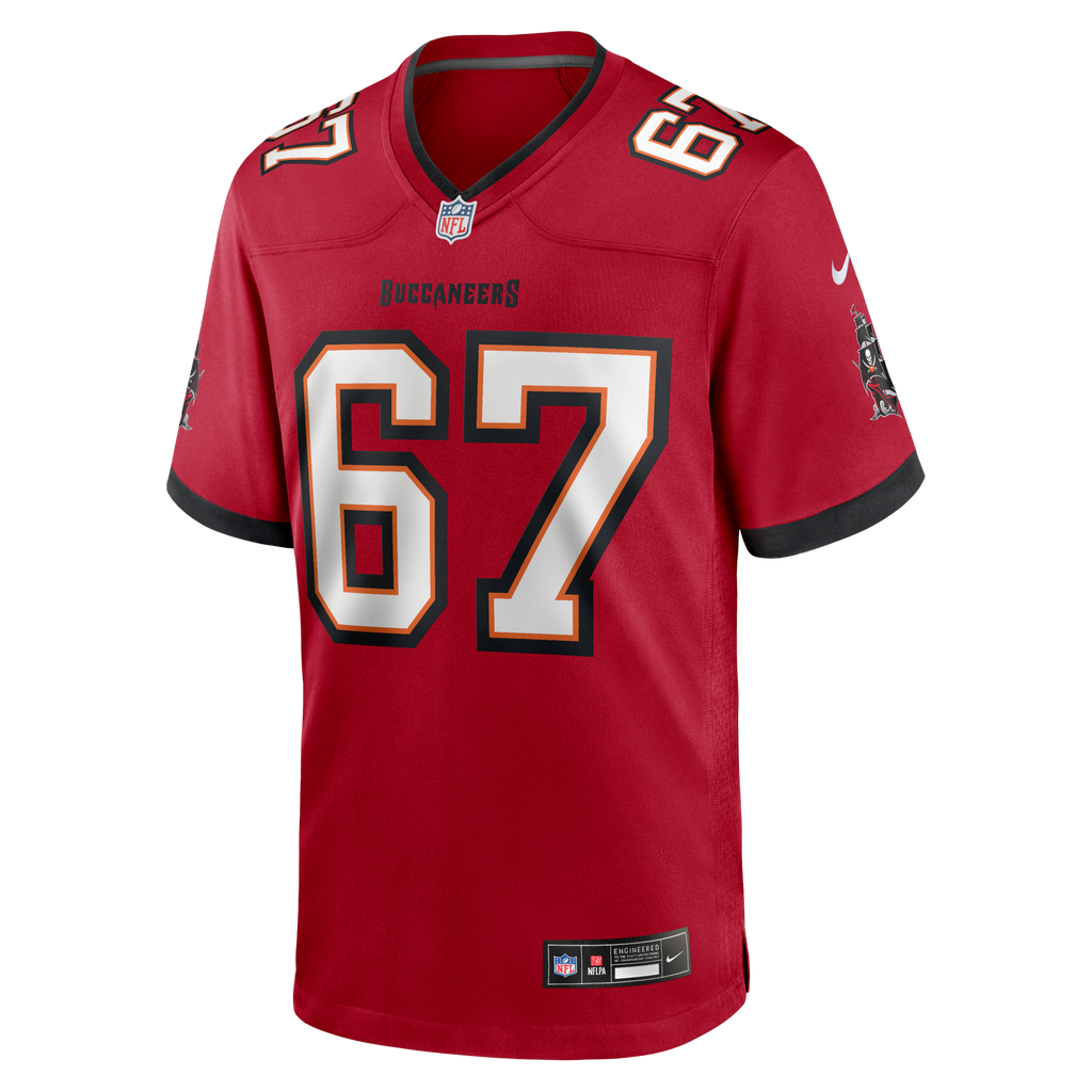 Tampa Bay Buccaneers Luke Goedeke Red Game Player Jersey product image 2, provided for visual reference and product detail