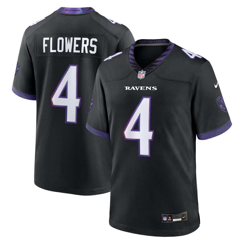 Baltimore Ravens Zay Flowers Black Alternate Game Jersey product image 2, provided for visual reference and product detail