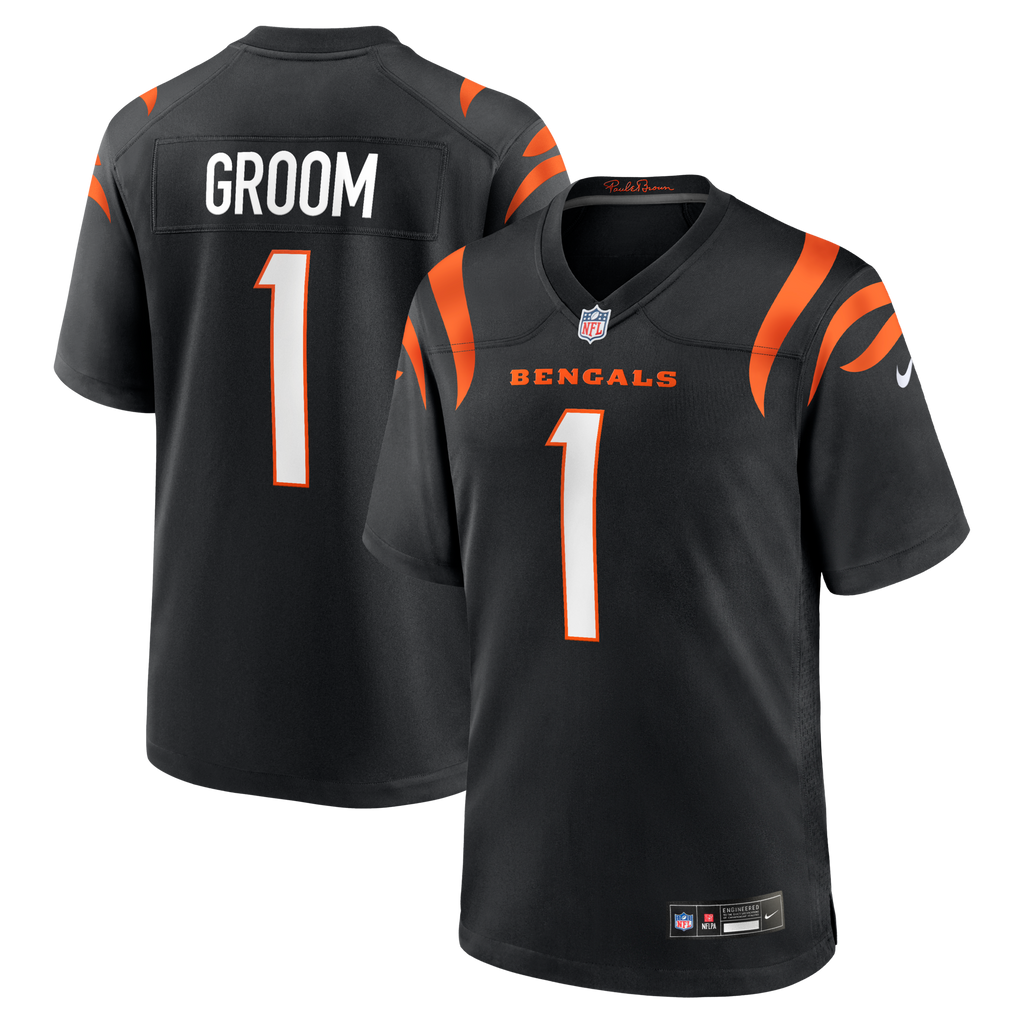 Cincinnati Bengals Number 1 Groom Black Game Jersey product image 1, provided for visual reference and product detail review