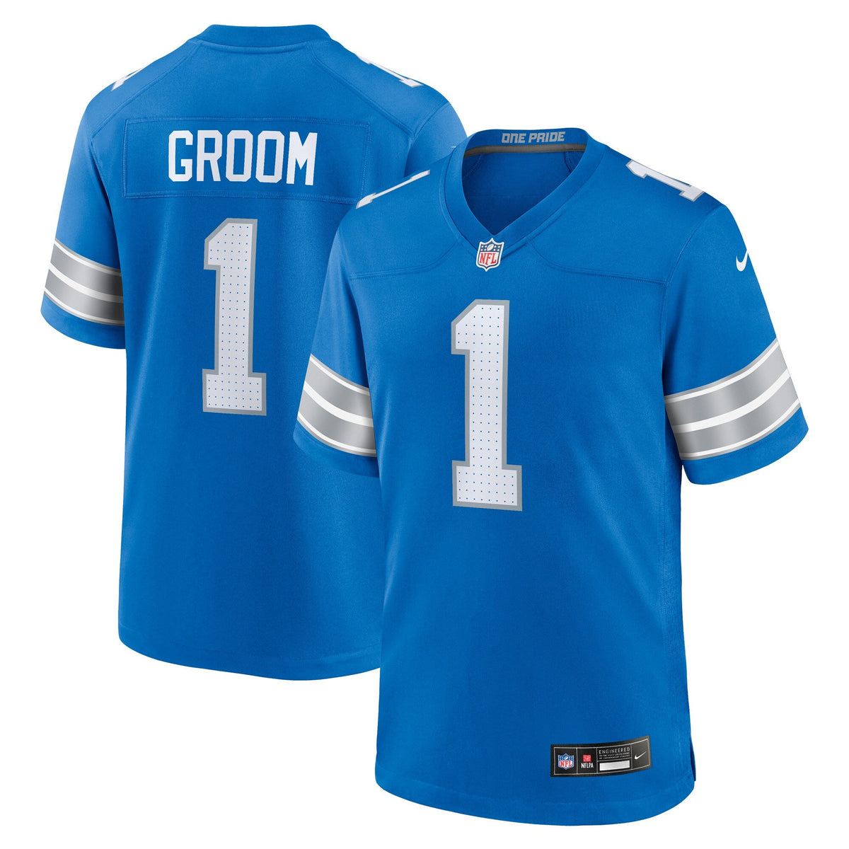 Detroit Lions Number 1 Groom Blue Game Jersey product image 1, provided for visual reference and product detail review
