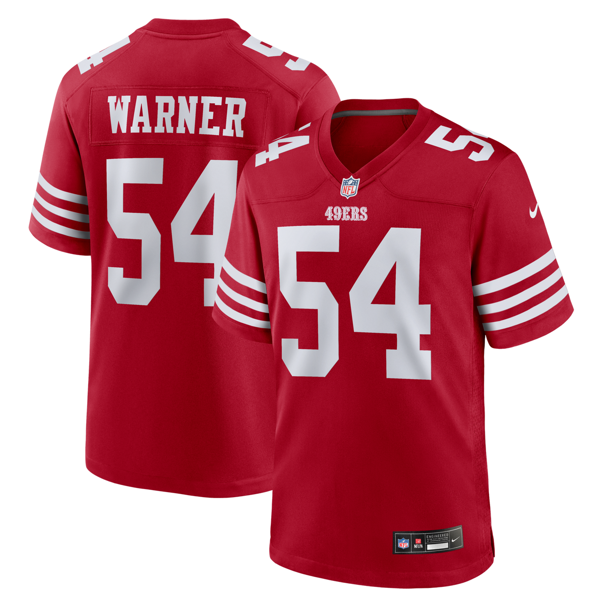 San Francisco 49ers Fred Warner Scarlet Team Game Player Jersey product image 2, provided for visual reference and product