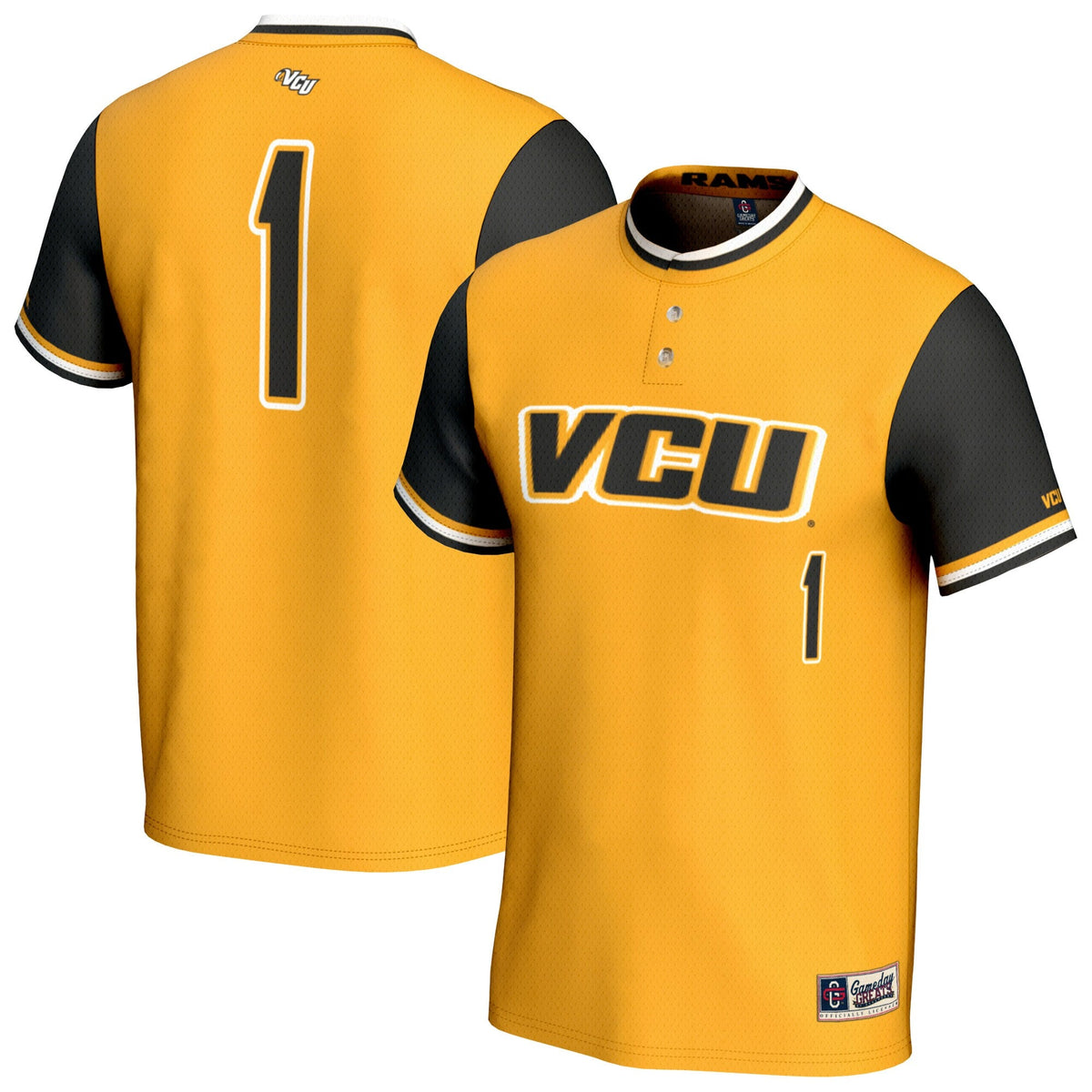 VCU Rams Lightweight Collegiate Softball Fashion Jersey - Gold product image 1, provided for visual reference and product