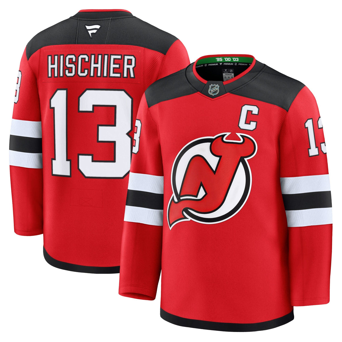 New Jersey Devils Nico Hischier Red Home Premium Jersey product image 1, provided for visual reference and product detail