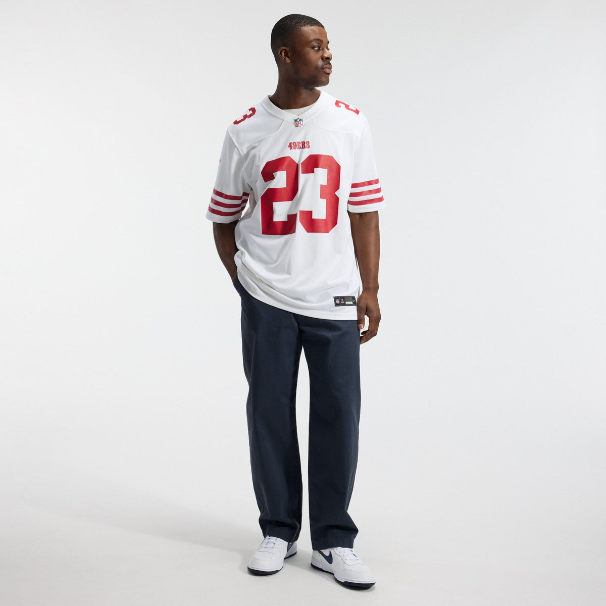 San Francisco 49ers Christian McCaffrey White Game Player Jersey product image 5, provided for visual reference and product