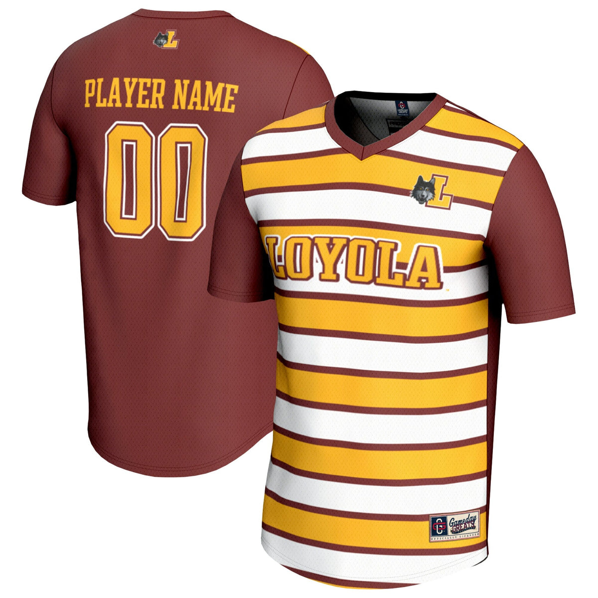 Loyola Chicago Ramblers Collegiate Soccer NIL Pick-A-Player Fashion Jersey - Maroon/Gold product image 1, provided for