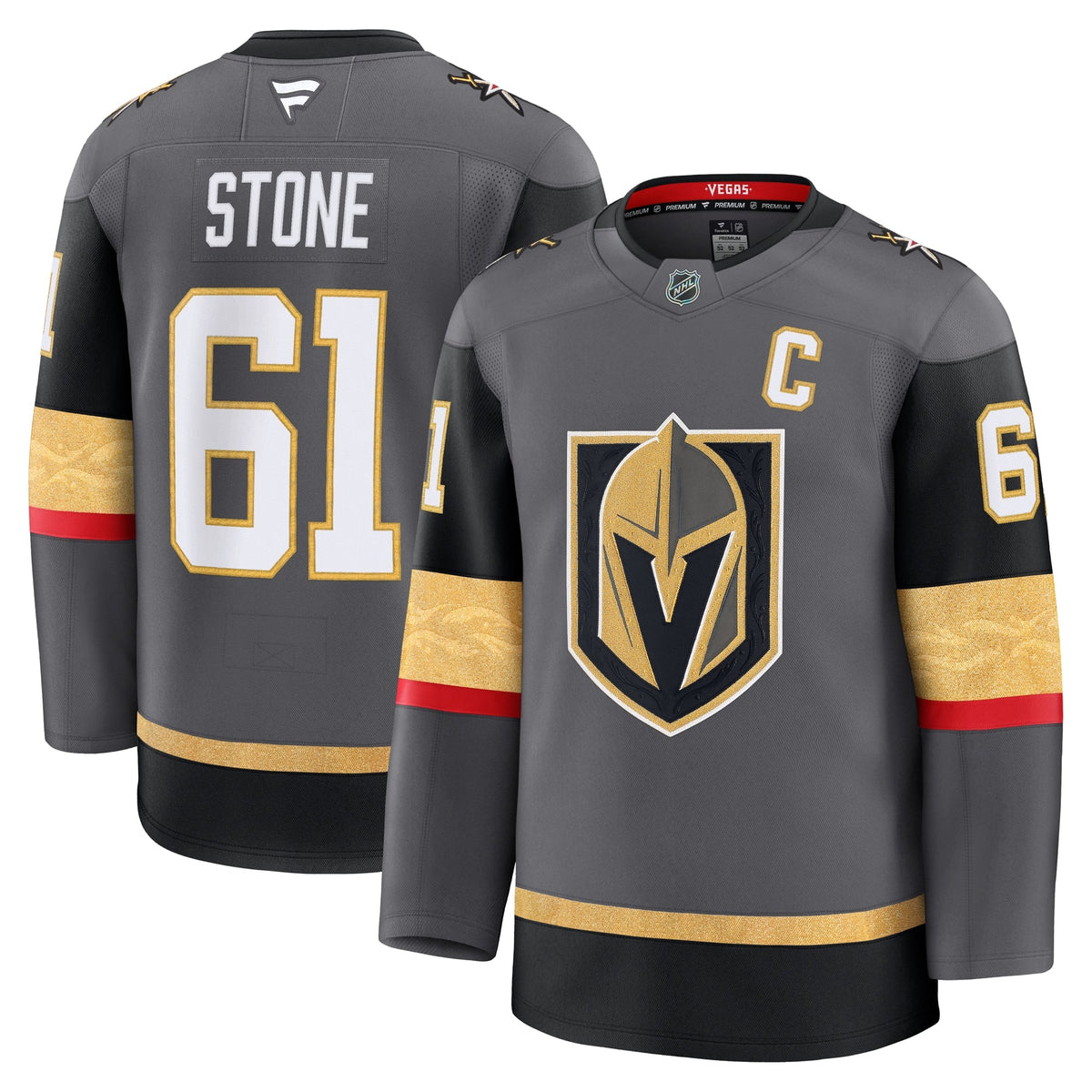Vegas Golden Knights Mark Stone Gray Alternate Premium Jersey product image 1, provided for visual reference and product