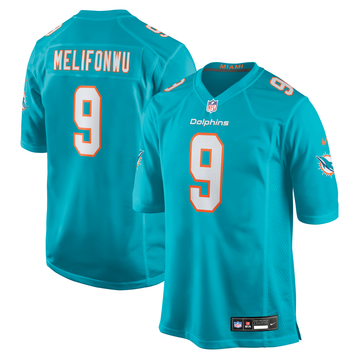 Miami Dolphins Ifeatu Melifonwu Aqua Team Game Jersey product image 1, provided for visual reference and product detail