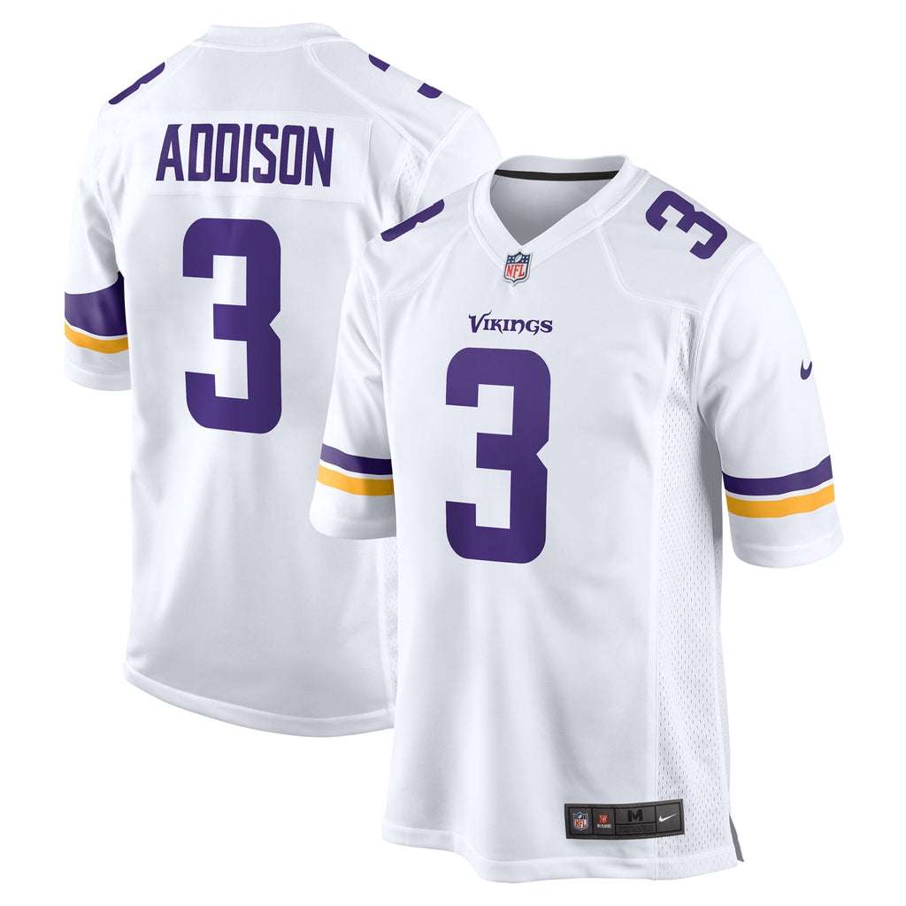 Minnesota Vikings Jordan Addison White Away Game Jersey product image 1, provided for visual reference and product detail